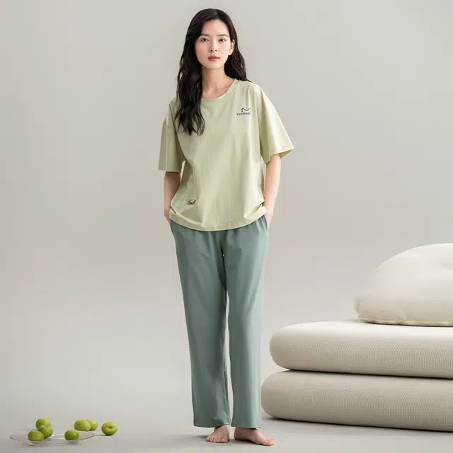 帕兰朵 夏天薄款休闲简约短袖舒适透气亲肤长裤时尚可外穿家居服睡衣套装 女款 黄绿色