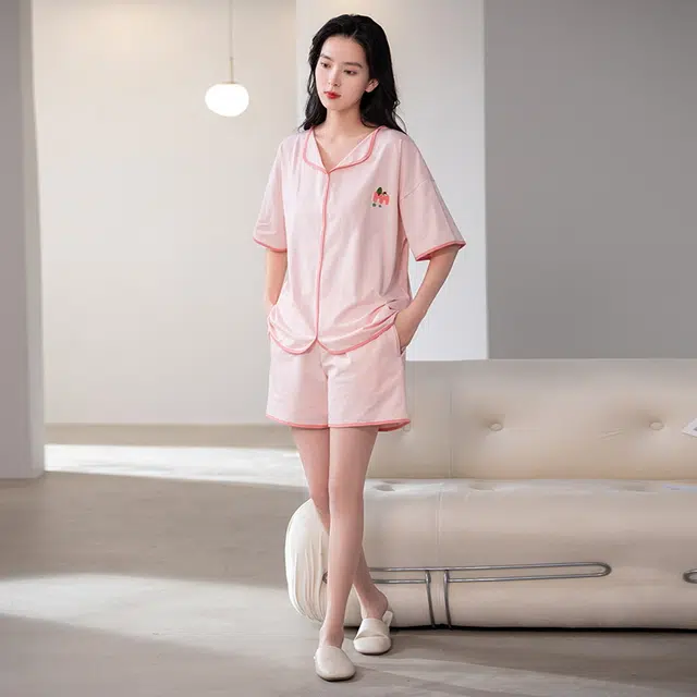 帕兰朵 简约纯棉甜美舒适亲肤翻领短袖开衫休闲可外穿家居服短裤睡衣套装 女款 藕色