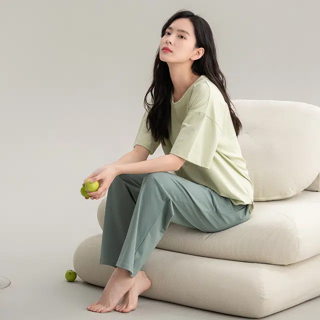 帕兰朵 夏天薄款休闲简约短袖舒适透气亲肤长裤时尚可外穿家居服睡衣套装 女款 黄绿色