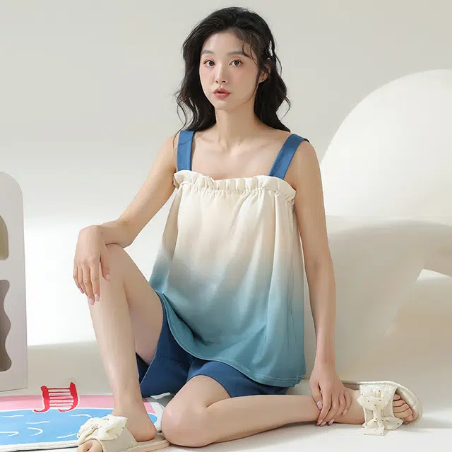 帕兰朵 纯棉自带胸垫舒适透气无袖吊带上衣松紧腰休闲短裤睡衣套装 女款 蓝色