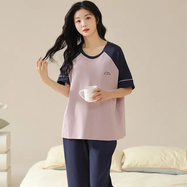 帕兰朵 短袖长裤套头圆领睡衣套装 女款 藕色