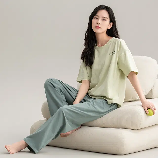 帕兰朵 夏天薄款休闲简约短袖舒适透气亲肤长裤时尚可外穿家居服睡衣套装 女款 黄绿色