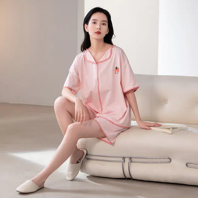 帕兰朵 简约纯棉甜美舒适亲肤翻领短袖开衫休闲可外穿家居服短裤睡衣套装 女款 藕色