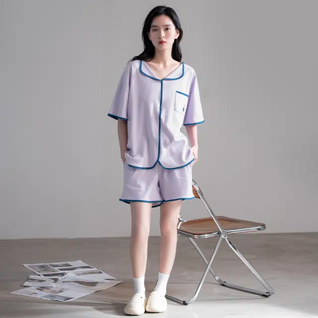 帕兰朵 纯棉套头纯色短袖上衣宽松松紧短裤睡衣套装 女款 浅紫色