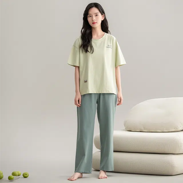 帕兰朵 夏天薄款休闲简约短袖舒适透气亲肤长裤时尚可外穿家居服睡衣套装 女款 黄绿色