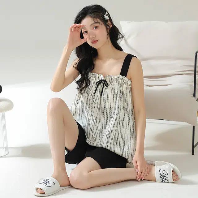 帕兰朵 套头吊带无袖上衣松紧短裤睡衣套装 女款 白色
