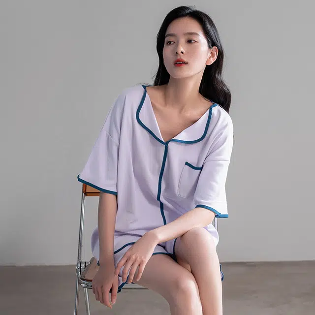 帕兰朵 纯棉套头纯色短袖上衣宽松松紧短裤睡衣套装 女款 浅紫色