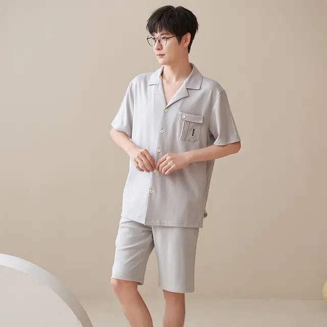 帕兰朵 纯色翻领短袖上衣松紧腰短裤睡衣套装 男款 浅灰色