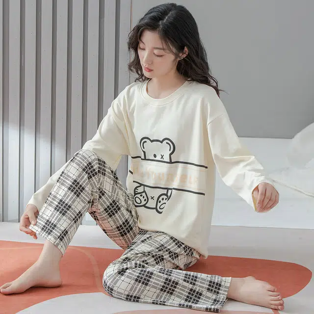 帕兰朵 带胸垫家居长袖微弹睡衣套装 女款 白色