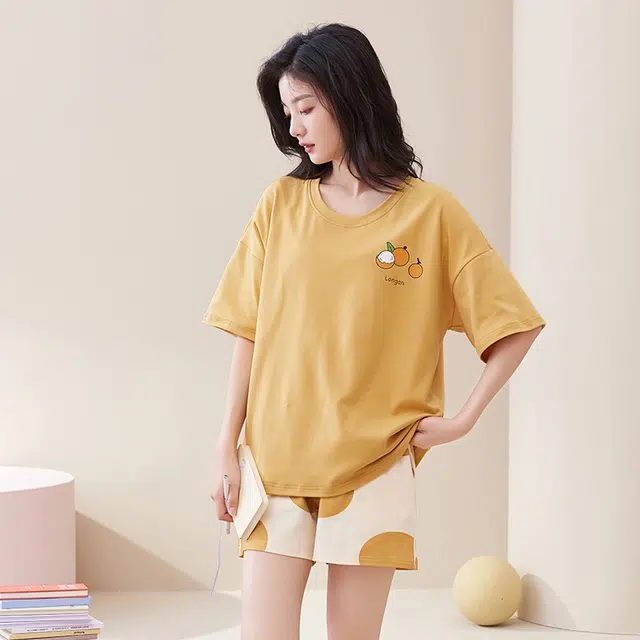 帕兰朵 卡通印花圆领套头五分袖松紧腰短裤睡衣套装 女款 橙色