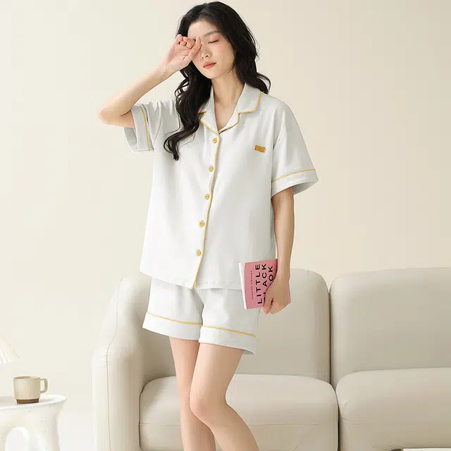 帕兰朵 休闲卡通套头纯棉短袖松紧腰短裤睡衣套装 女款 浅灰色