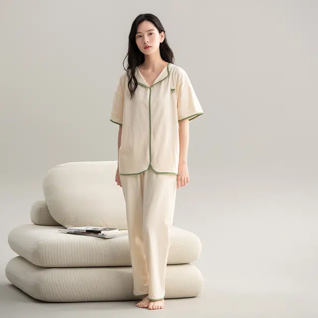 帕兰朵 夏季简约薄款休闲短袖舒适透气亲肤长裤家居服睡衣套装 女款 米白色