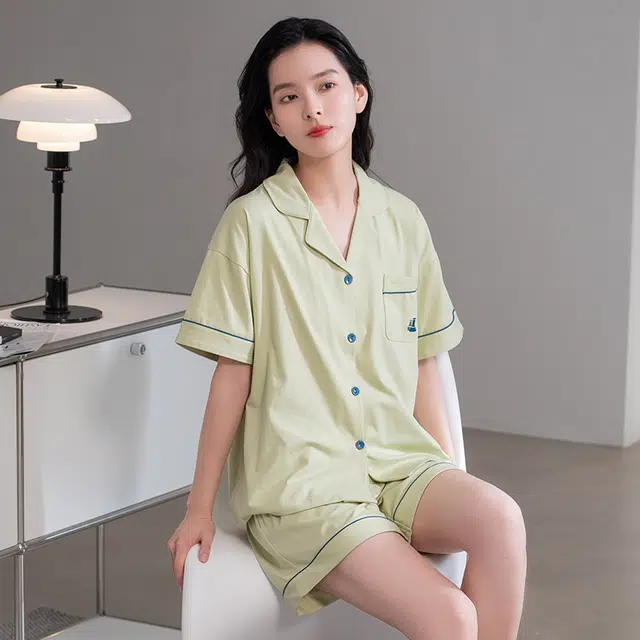 帕兰朵 薄款宽松翻领短袖上衣松紧腰短裤睡衣套装 女款 浅绿色