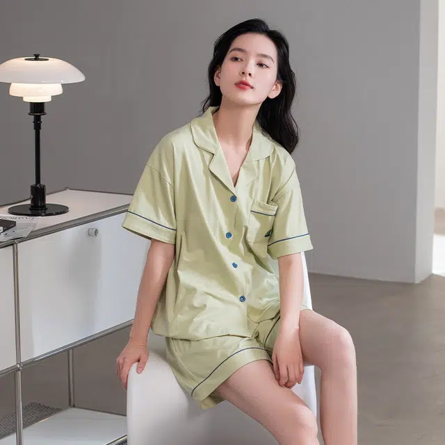 帕兰朵 薄款宽松翻领短袖上衣松紧腰短裤睡衣套装 女款 浅绿色