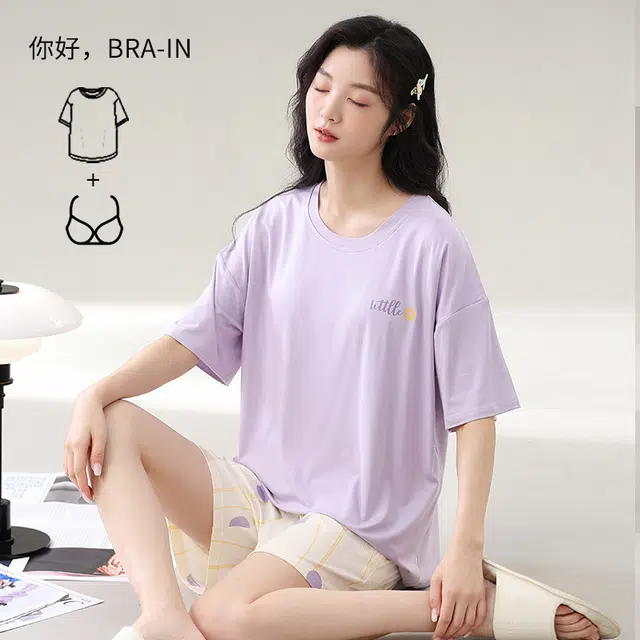 帕兰朵 圆领字母印花舒适短袖波点松紧短裤睡衣套装 女款 浅紫色