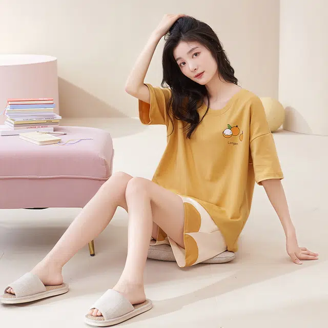 帕兰朵 卡通印花圆领套头五分袖松紧腰短裤睡衣套装 女款 橙色