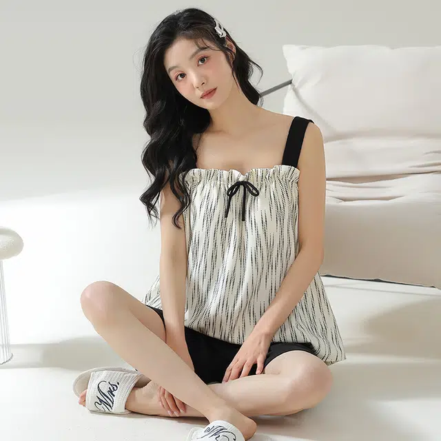 帕兰朵 套头吊带无袖上衣松紧短裤睡衣套装 女款 白色