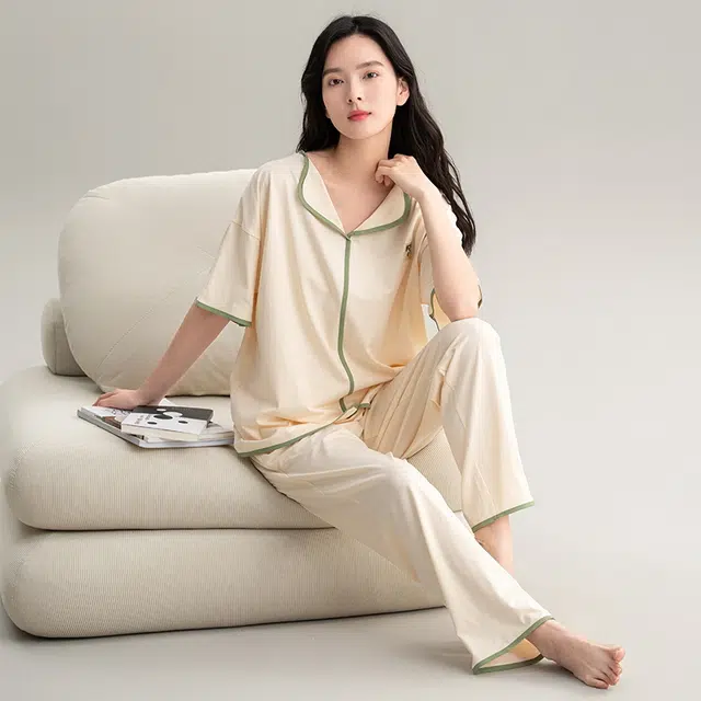 帕兰朵 夏季简约薄款休闲短袖舒适透气亲肤长裤家居服睡衣套装 女款 米白色