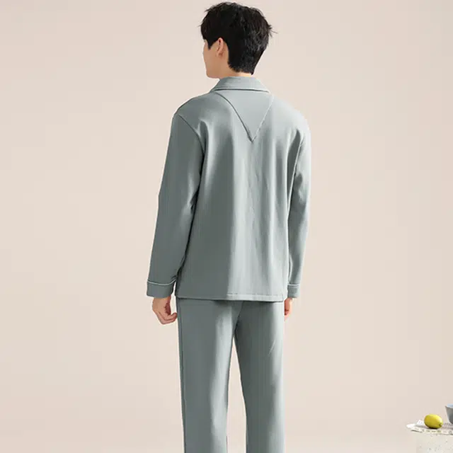 帕兰朵 纯色翻领单排扣长袖睡衣套装 男款 灰色