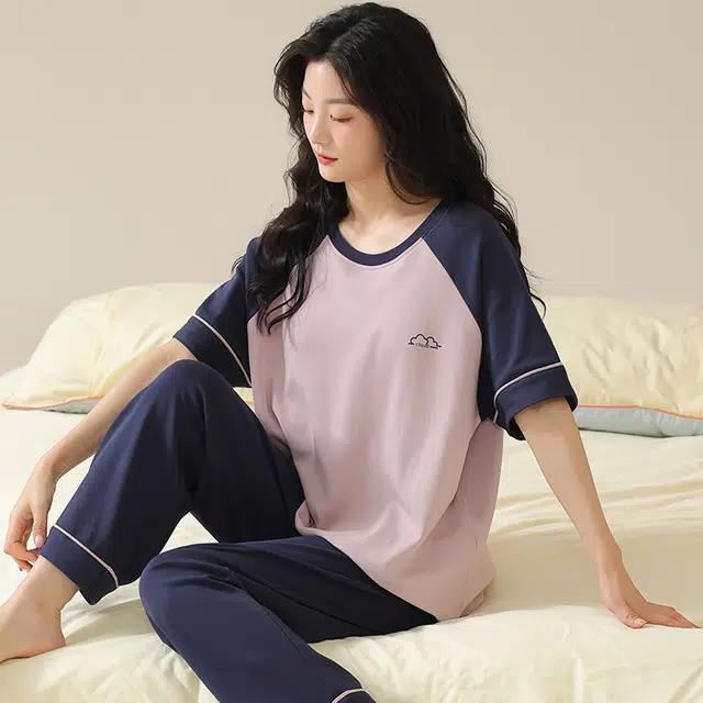 帕兰朵 短袖长裤套头圆领睡衣套装 女款 藕色