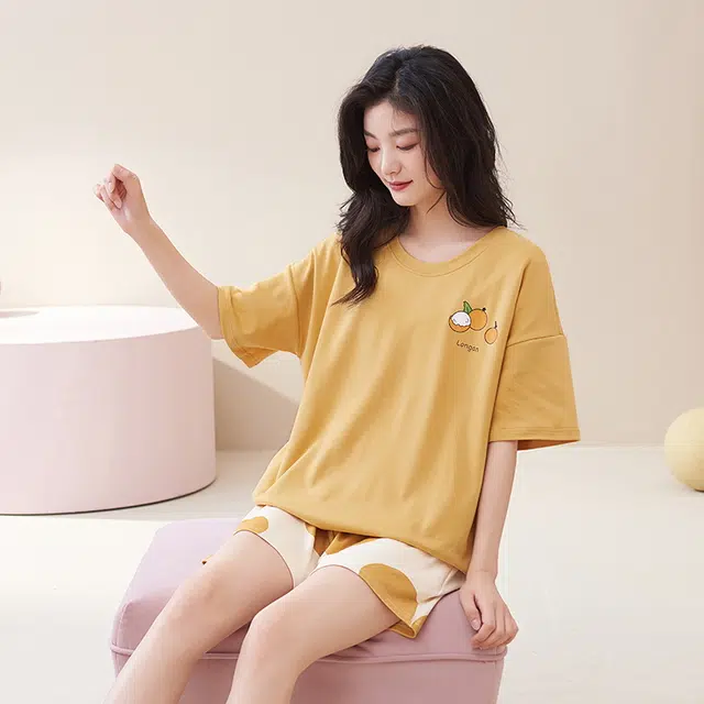 帕兰朵 卡通印花圆领套头五分袖松紧腰短裤睡衣套装 女款 橙色