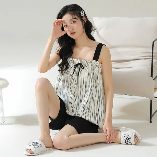 帕兰朵 套头吊带无袖上衣松紧短裤睡衣套装 女款 白色