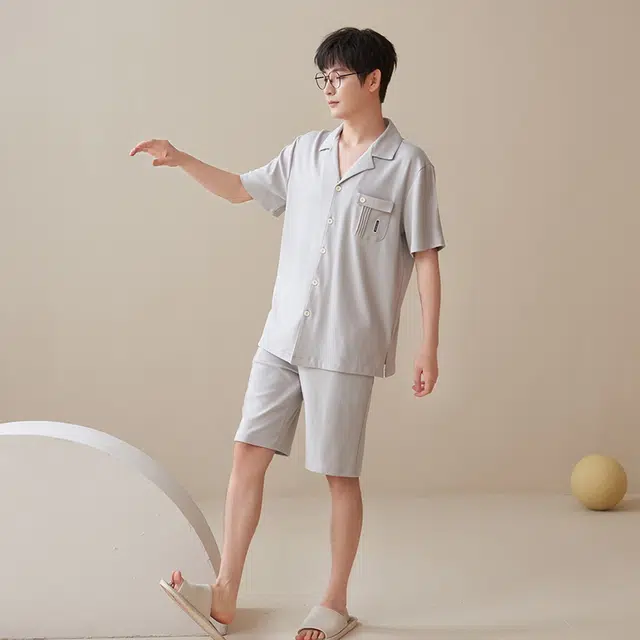 帕兰朵 纯色翻领短袖上衣松紧腰短裤睡衣套装 男款 浅灰色