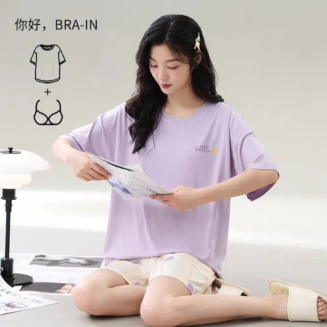 帕兰朵 圆领字母印花舒适短袖波点松紧短裤睡衣套装 女款 浅紫色