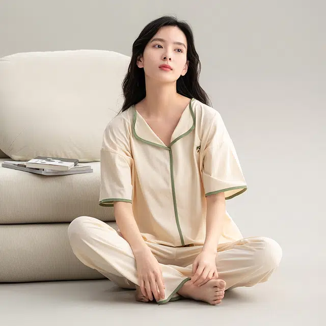 帕兰朵 夏季简约薄款休闲短袖舒适透气亲肤长裤家居服睡衣套装 女款 米白色