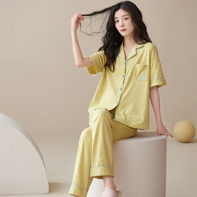 帕兰朵 简约亲肤舒适翻领短袖开衫休闲可外穿家居服长裤睡衣套装 女款 绿黄色