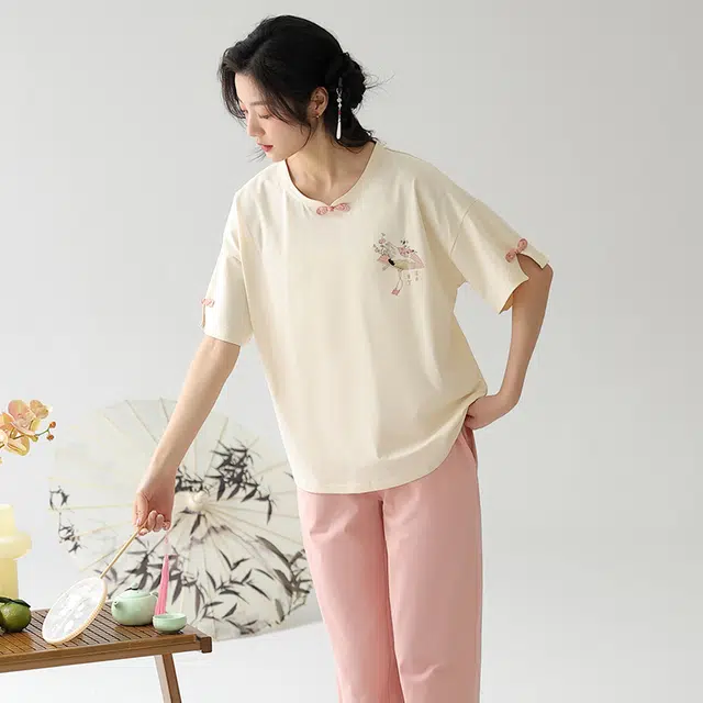 帕兰朵 复古休闲松紧腰圆领短袖松紧腰长裤睡衣套装 女款 米白色