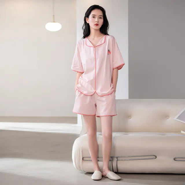 帕兰朵 简约纯棉甜美舒适亲肤翻领短袖开衫休闲可外穿家居服短裤睡衣套装 女款 藕色