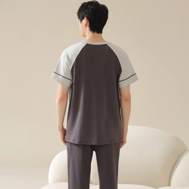 帕兰朵 家居插肩套头短袖长裤睡衣套装 男款 褐色