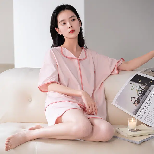 帕兰朵 简约纯棉甜美舒适亲肤翻领短袖开衫休闲可外穿家居服短裤睡衣套装 女款 藕色