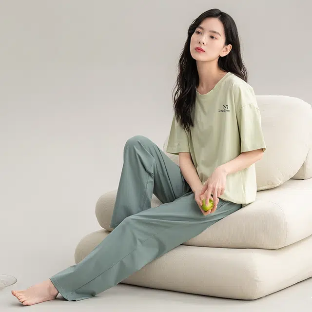 帕兰朵 夏天薄款休闲简约短袖舒适透气亲肤长裤时尚可外穿家居服睡衣套装 女款 黄绿色