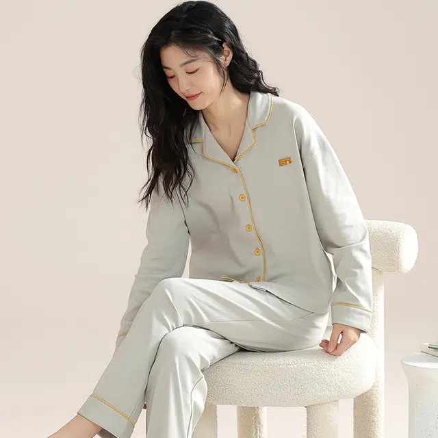 帕兰朵 简约可外穿上衣纯色长裤睡衣套装 女款 浅灰色
