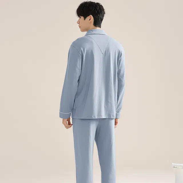 帕兰朵 简约单排扣长袖上衣松紧可外穿长裤睡衣套装 男款 湖蓝色