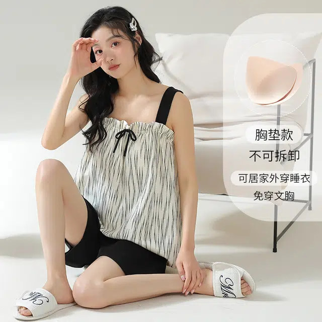 帕兰朵 套头吊带无袖上衣松紧短裤睡衣套装 女款 白色