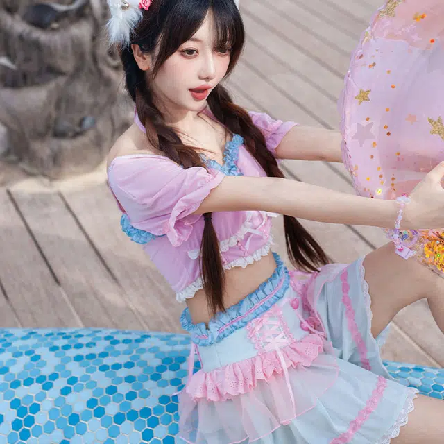 豹了个猫 套头纯色吊带拼接短裙泳衣套装 女款 棉花糖色