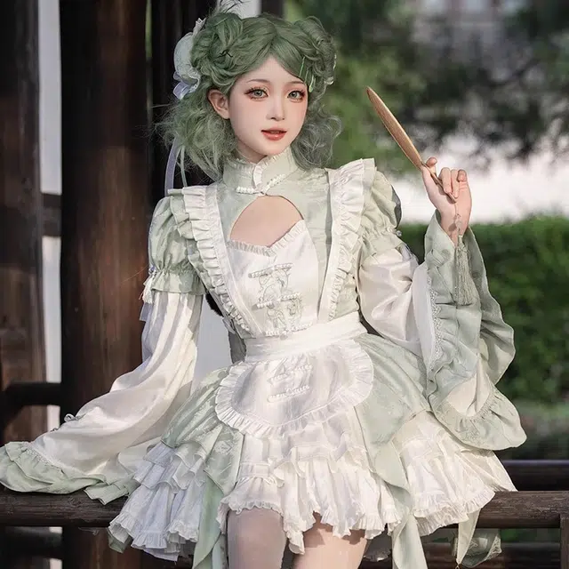 豹了个猫 一曲青竹大全套中华娘中华风刺绣新中式可爱国风围裙洛丽塔长袖萝莉装 女款