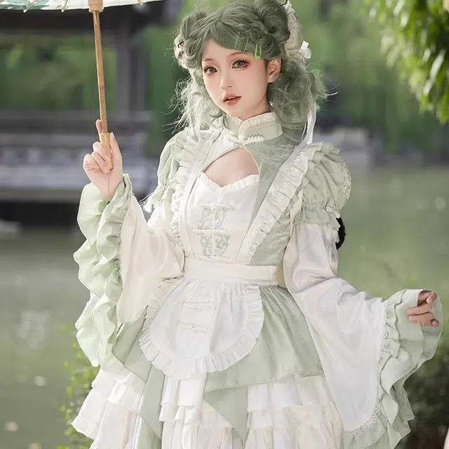 豹了个猫 一曲青竹大全套中华娘中华风刺绣新中式可爱国风围裙洛丽塔长袖萝莉装 女款