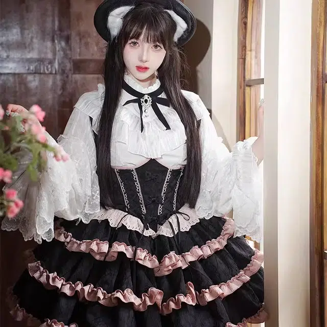 豹了个猫 气质简约蛋糕大蝴蝶结拖尾萝莉装 女款 黑粉