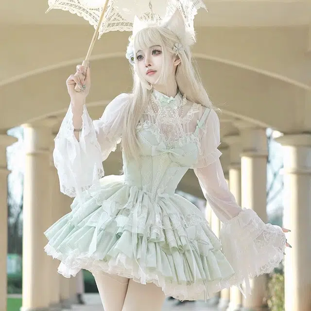 豹了个猫 雪纺小花球袖内搭透气蕾丝日常百搭甜美芭蕾风长袖衬衫 女款 白色