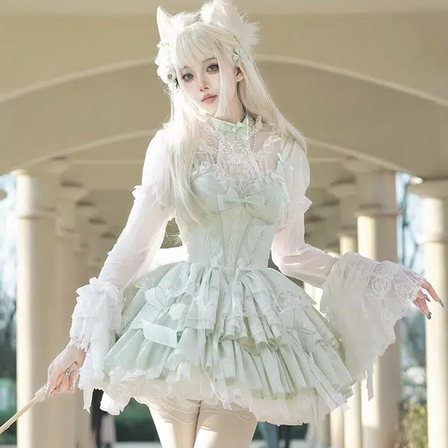 豹了个猫 雪纺小花球袖内搭透气蕾丝日常百搭甜美芭蕾风长袖衬衫 女款 白色