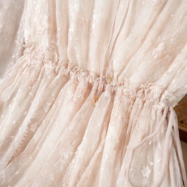 着西 高端粉色重工桑蚕丝短袖连衣裙 女款 香槟粉