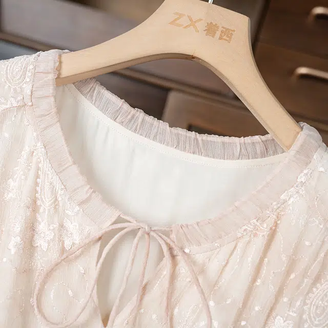 着西 高端粉色重工桑蚕丝短袖连衣裙 女款 香槟粉