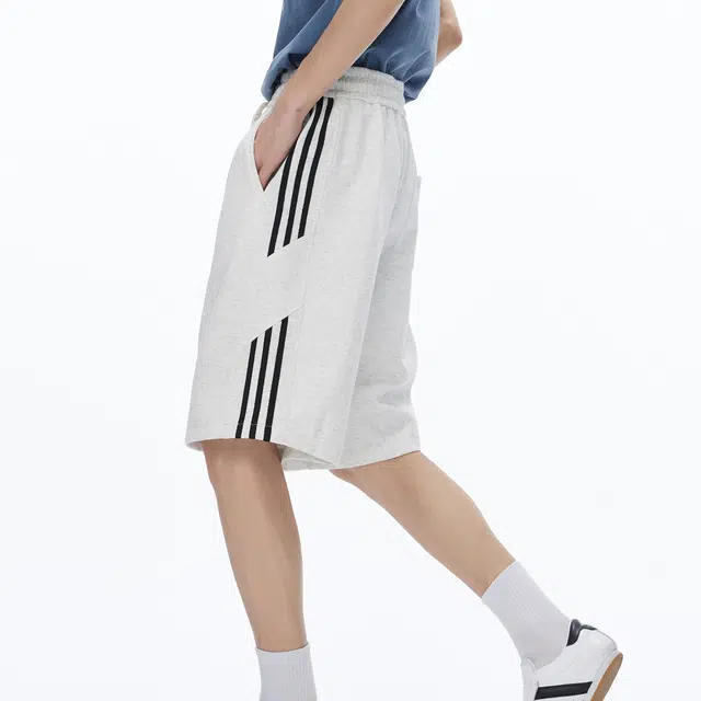 中国航天 美式复古条纹拼接弧形结构宽松户外中腰系带五分裤休闲短裤 男女同款