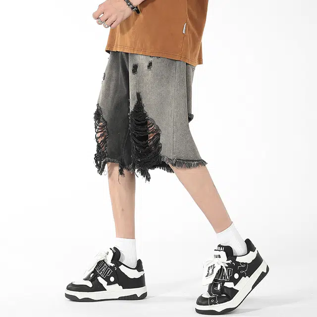 中国航天 美式街头破洞潮流直筒渐变牛仔短裤 男女同款 黑色