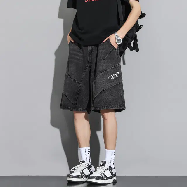 中国航天 休闲百搭美式高街痞帅高级感舒适透气耐磨立体拼接挺括有型宽松夏季牛仔短裤 男女同款