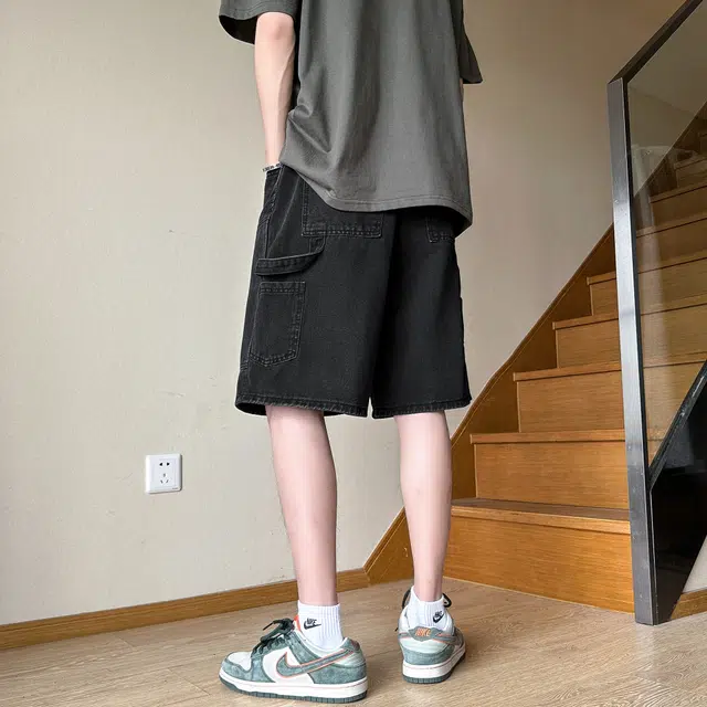 中国航天 破洞美式复古水洗做旧铆钉休闲工装大口袋牛仔短裤 男女同款